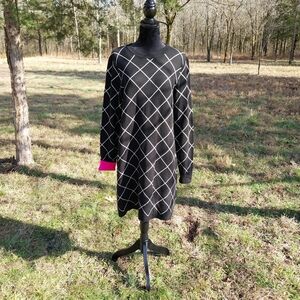 Eliza J Black Dress with White Grid and Pink Cuffs